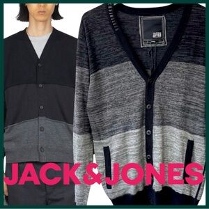 NWT Jack & Jones Grey/Black Cotton V-Neck Button Front Cardigan (S)